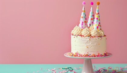 Birthday cake and caps on table with colorful background Text space available