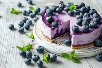 Wall Mural - Blueberry cheesecake with fresh fruit and mint on a white background