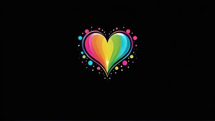 A colorful heart with rainbow stripes and dots is set against a black background