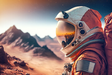 An astronaut In a space suit on the planet Mars close-up.  The Martian landscape. Futuristic  scientific concept. Generative AI	