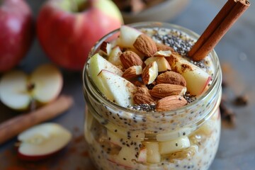 Canvas Print - Chilled healthy breakfast Overnight oats with apple almonds chia seeds milk cinnamon and honey