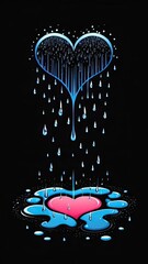 A blue heart is raining down on a pink heart, creating a puddle of blue on a black background