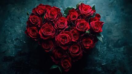 Wall Mural - Bouquet of red roses is arranged in the shape of a heart. The roses are of various sizes and are placed in a vase. The arrangement is elegant and romantic