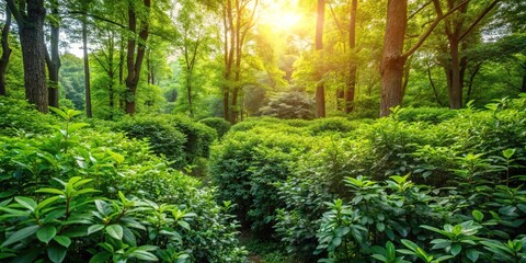 A dense thicket of bushes and shrubs in the forest with a few sun-dappled spots among the leaves, nature, forest undergrowth, environment, landscape