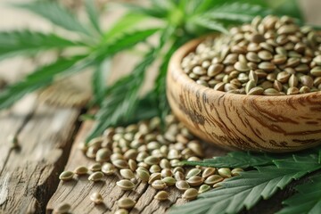 Closeup of hemp seeds and cannabis leaves