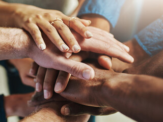 Aufkleber - Hands, group and pile at office with closeup, solidarity and goal with connection at media company. Business people, teamwork and circle for synergy, link or cheers for motivation at creative agency
