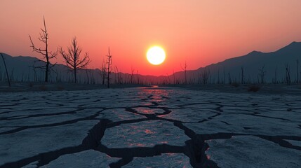 A desolate landscape features cracked earth under a vibrant sunset, with silhouetted trees and distant mountains enhancing its stark beauty.