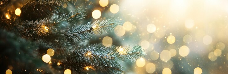 Blurry Christmas tree gold bokeh lights festive holiday background dreamy scene. Banner.