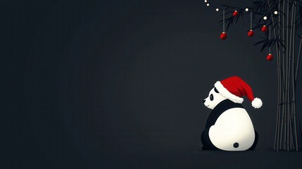 Wall Mural - Panda in Santa Hat Sitting by a Bamboo Tree with Christmas Lights and Ornaments.