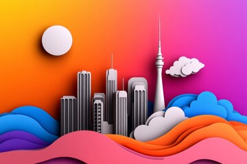 Wall Mural - Minimalist line art of a city skyline with skyscrapers, clean lines representing the towering buildings, and a soft gradient sky in the background, capturing the elegance and simplicity of urban