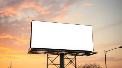 Blank billboard at sunset, ready for advertisement, against a vibrant sky with scattered clouds