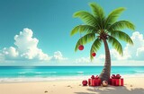 Fototapeta Morze - Christmas in southern hemisphere with a palm tree with christmas decorations and gift boxes on tropical beach with white sand and beautiful blue sea view and copy space