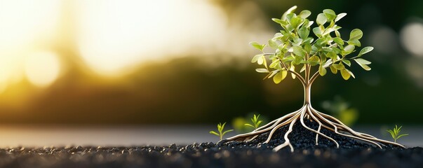 young tree with roots in soil, backlit by warm sunlight, symbolizing growth and renewal.