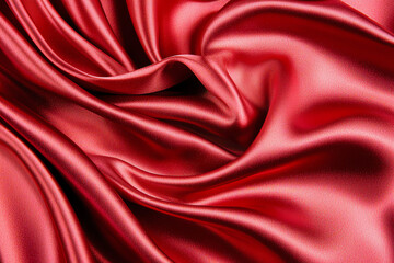 Smooth silk fabric in rich red tones, flowing in an abstract wave-like pattern with soft highlights and shadows, creating a sense of luxury and opulence