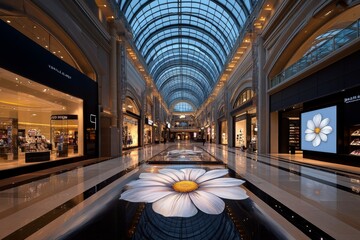 Watercolor painting of a shopping mall atrium filled with soft, flowing colors and natural light, capturing the peaceful beauty of retail spaces in an artistic style