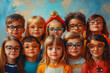 © stanhert - A group of children wearing glasses in front of a blue background