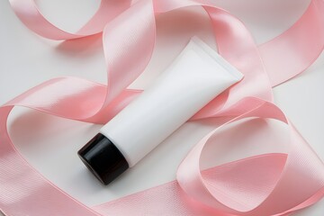 White tube with black cap against pink ribbons, luxurious, elegant skincare presentation