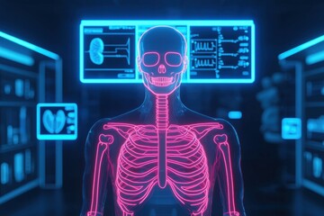 A neon outline of a human skeleton contrasts against a futuristic background displaying medical data and anatomical charts