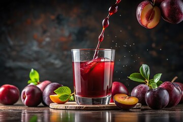 plum juice drips from a glass on a dark background, food, beverage, fruit