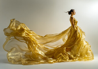 A model wearing an elegant gold dress, striking poses to showcase the flowing fabric and metallic sheen of her gown.