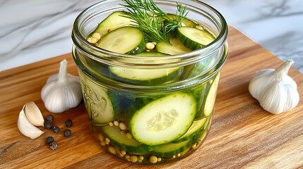 A jar filled with crunchy pickles in a briny liquid, surrounded by cloves of garlic, dill sprigs, and peppercorns. The vibrant green pickles look fresh, tangy, and refreshing.