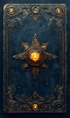 Wall Mural - The backside of a card game features a dark, simple design in a fantasy video game style, adorned with symbols in each corner