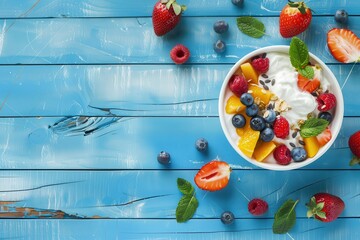 Sticker - Fresh fruit salad and yogurt on blue wooden surface Top view with space for text