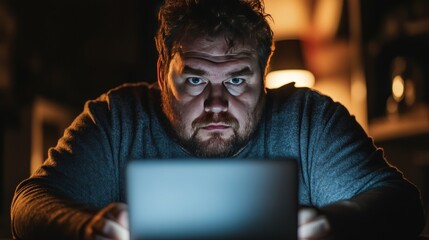 A man in a dark room, looking intently at his laptop screen.