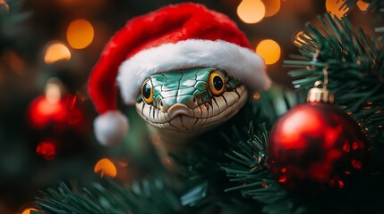 Festive Snake with Santa Hat Among Christmas Decorations