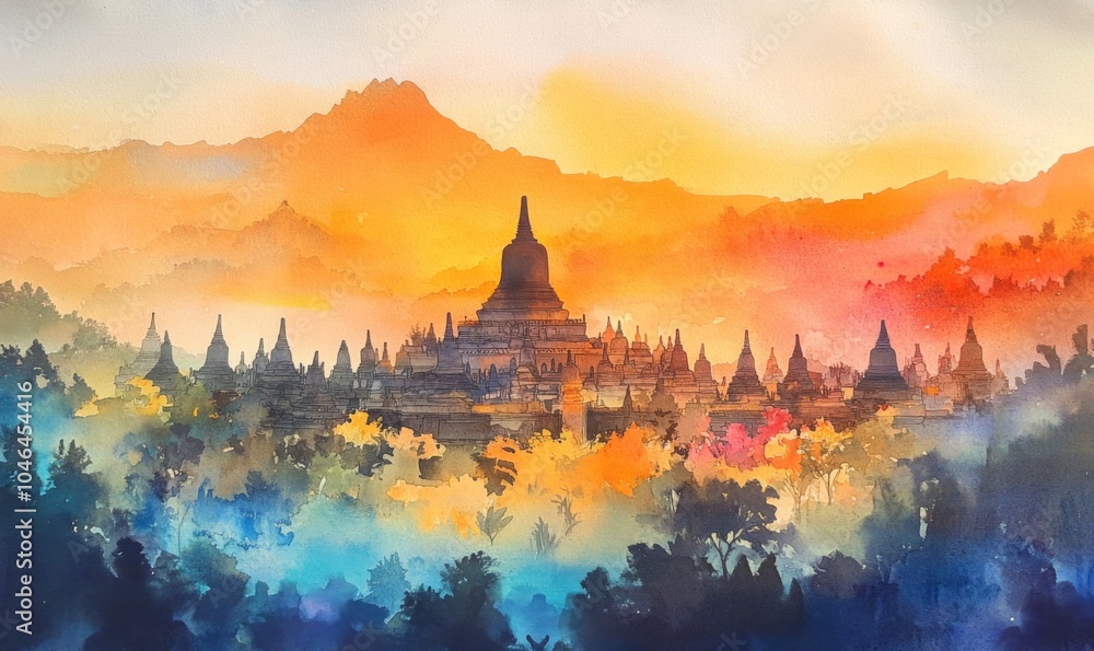 Watercolor Borobudur Temple at Yogyakarta Java Indonesia. Borobudur ...