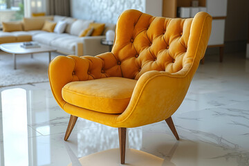 A yellow chair sitting on top of a white marble floor