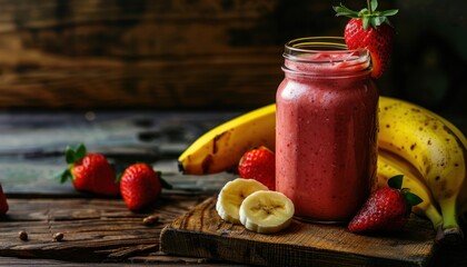 Wall Mural - Healthy breakfast or snack of banana and strawberry smoothie in glass jar on rustic wooden background