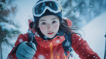 Snowboarder navigating fresh powder in a snowy mountain landscape on a bright winter day