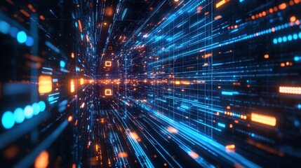 Abstract digital tunnel of glowing lines and data.