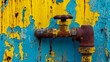 © 3DVai - Rusted water tap on a metal wall with yellow and blue colors.