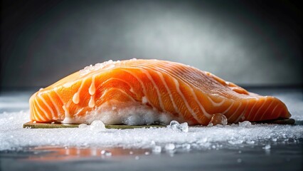 Wall Mural - Fresh salmon fillet with visible dripping slime on a snowy white surface in a dimly lit isolated room, food stall, slime