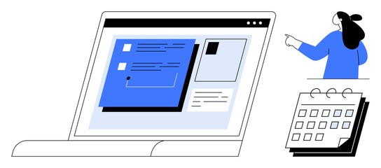 Laptop screen displaying a project management app with calendar and a person pointing. Ideal for productivity, teamwork, time management, planning, scheduling
