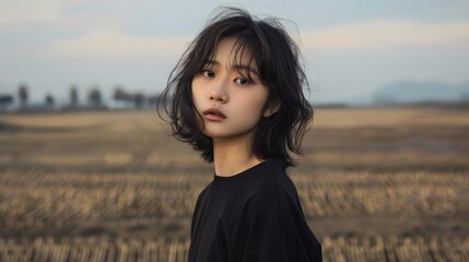 Wall Mural - Portrait of a Young Woman with Short Hair in a Black Shirt Standing in a Field