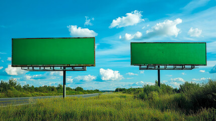 two large green billboard mockups in an open field against a blue sky with clouds.