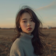 Sticker - Portrait of a Young Woman in a Sweater Standing in an Open Field at Sunset