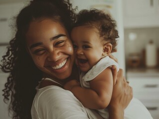 A mother and her baby share a joyful moment. AI.