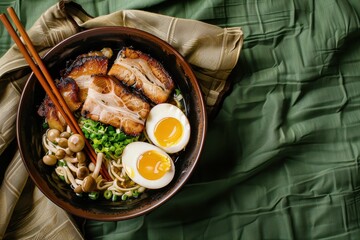 Wall Mural - Japanese ramen with pork belly mushrooms and marinated eggs on green tablecloth Horizontal with copy space