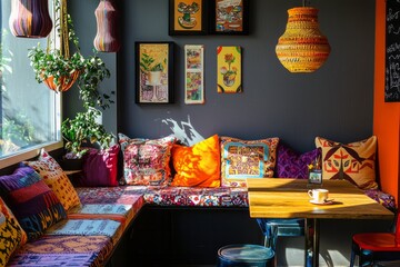 Wall Mural - A colorful coffee shop corner with patterned cushions. The vibrant atmosphere makes it a favorite spot for students