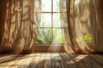 Morning light illuminates soft brown curtains in interior decoration