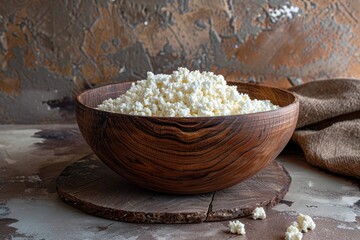 Poster - Natural cottage cheese in a wood bowl