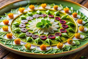 Wall Mural - Green and White Floral Mandala Design in Food Photography, Abstract Pattern, Nature Inspired, Decorative Plate, Culinary Art, Beautiful Arrangement, Elegant Presentation