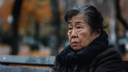 Sticker - Elderly woman sitting on park bench in autumn