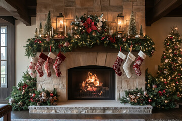 A beautifully decorated fireplace mantel with garlands, candles, stockings, and Christmas figurines, softly lit by the fire below