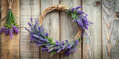 A delicate lavender wreath with fresh flowers and foliage hanging from a wooden branch, landscape, wooden branch, garden, lavender