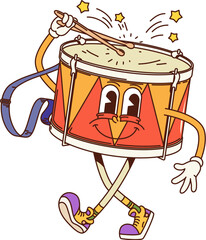 Aufkleber - Cartoon drum groovy musical instrument character with sticks promotes educational classes for kids with retro vibe. Isolated vector funny percussion personage with drumsticks playing rhythmic music